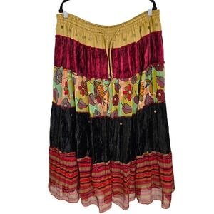 Agape Boho Maxi Skirt XL Velvet‎ Floral Patchwork Gold Waist Hippie Festival XL